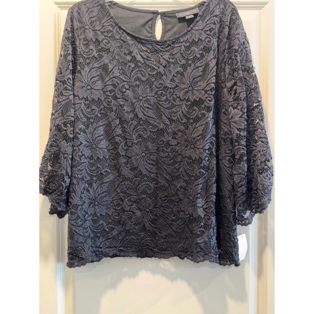 Attention Blouse Top Womens 2X Black Floral Lace Keyhole Back Scalloped Hem